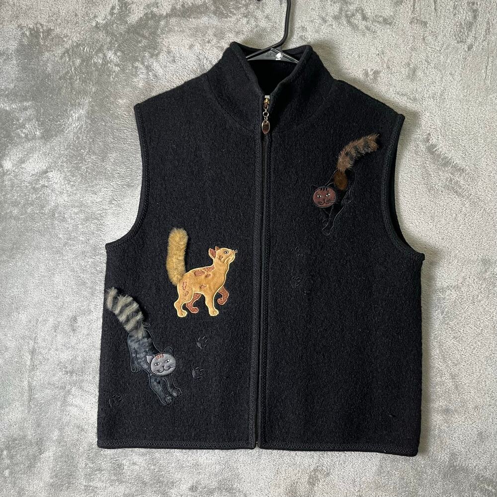 Vintage Cat Applique Wool Vest‎ Black Zip Up Whimsical Kitty Kittens Grandmacore